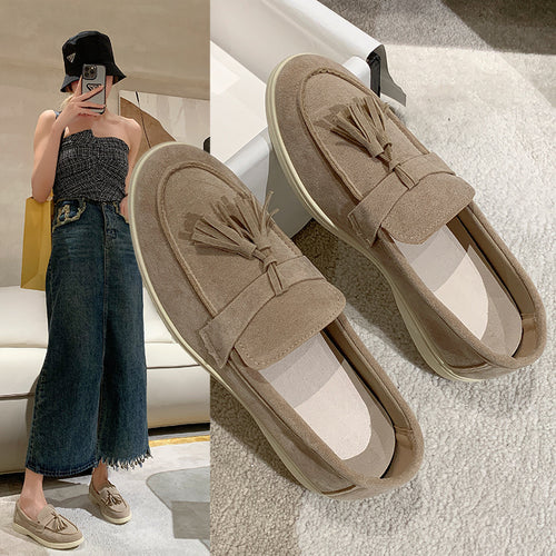 Damen Slipper mit Quasten aus Veloursleder und rutschfester Gummisohle Nord Taschen
