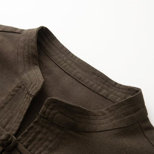Damen Weite Hemdblusenjacke mit Mandarinkragen und Knotenverschlüssen Nord Taschen