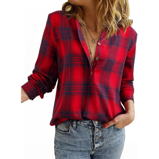 Damen Karo-Bluse im Oversize-Look mit V-Ausschnitt Knopfleiste und gerundetem Saum Nord Taschen