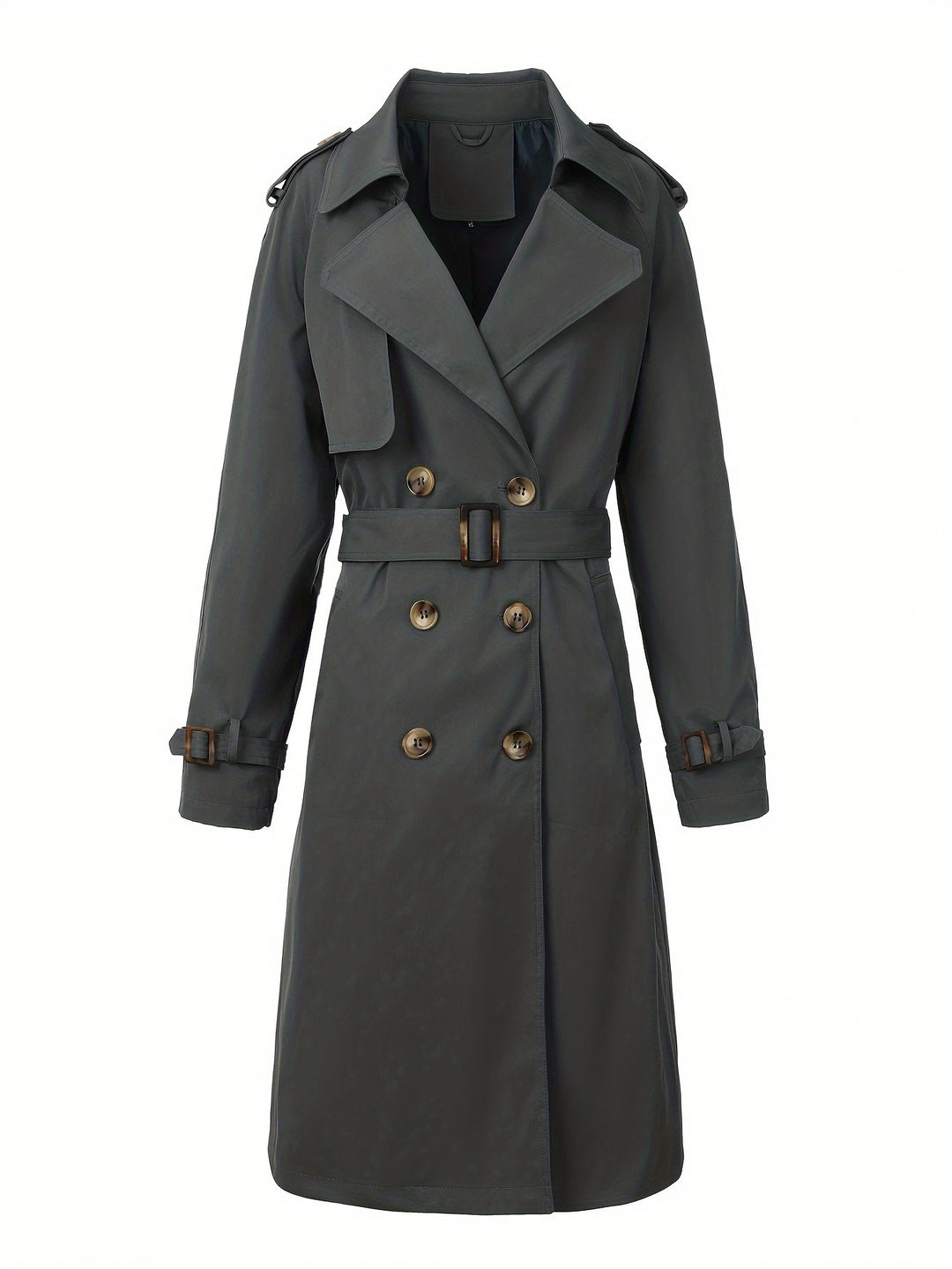Damen Langer Doppelreihiger Trenchcoat mit Taillengürtel und Epauletten Nord Taschen