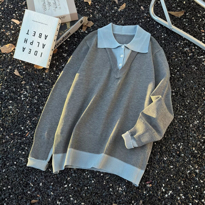 Damen Oversized Polo-Feinstrickpullover mit Kontrastkragen und geripptem Saum Nord Taschen
