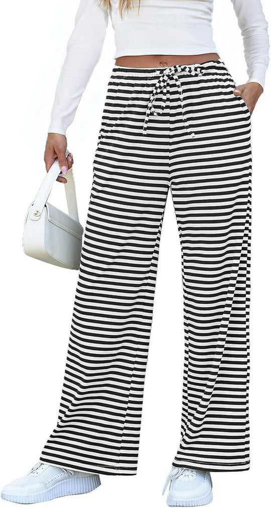 Damen weite Streifenhose mit elastischem Bund und Kordelzug