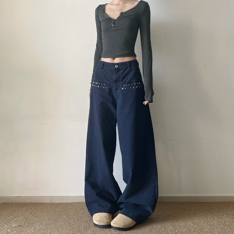 Damen Extraweite High‑Waist Baumwoll-Twill-Hose mit Nietenbesatz und Palazzoschnitt Nord Taschen