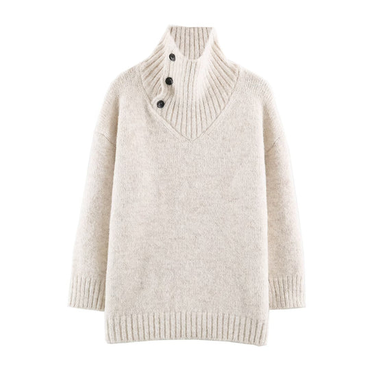 Damen Oversized Strickpullover mit hohem Rippkragen, Knopfdetail und V‑Ausschnitt Nord Taschen