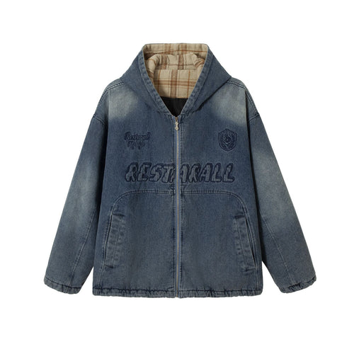 Herren Washed-Denim Kapuzenjacke im Oversize-Look mit kariert gefütterter Kapuze Nord Taschen