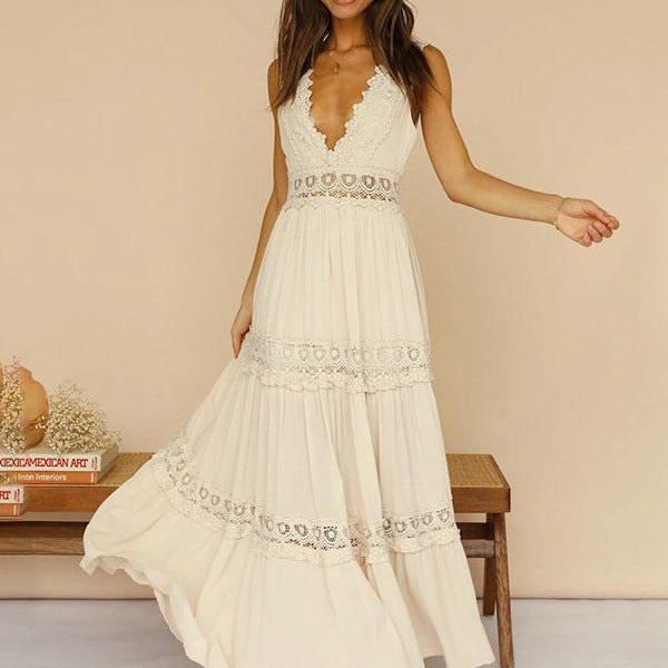 Damen elegantes Maxikleid mit Spitzenakzenten und tiefer Rückenpartie