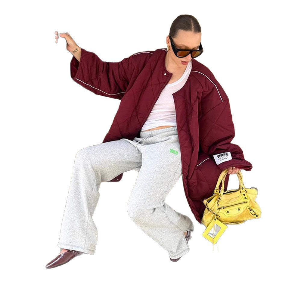 Damen Oversize-Steppjacke mit Diamantstepp, kontrastierender Paspel und Druckknopfverschluss Nord Taschen