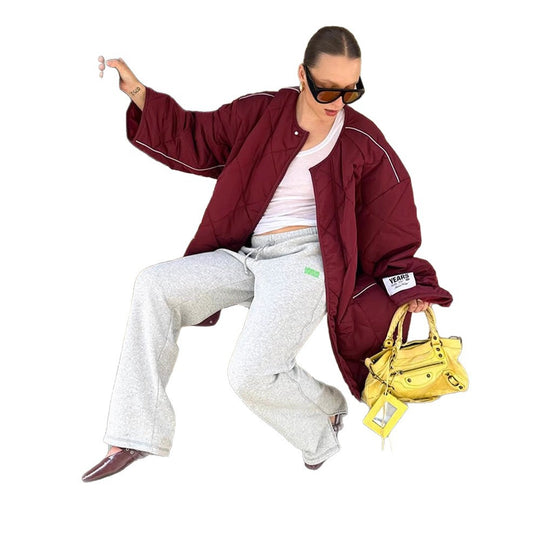 Damen Oversize-Steppjacke mit Diamantstepp, kontrastierender Paspel und Druckknopfverschluss Nord Taschen