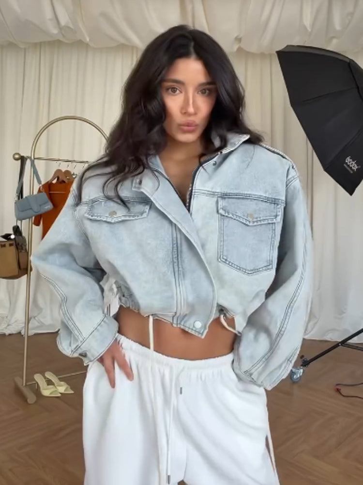 Damen Cropped-Denimjacke mit Tunnelzug, kastiger Oversize-Silhouette & Pattentaschen Nord Taschen