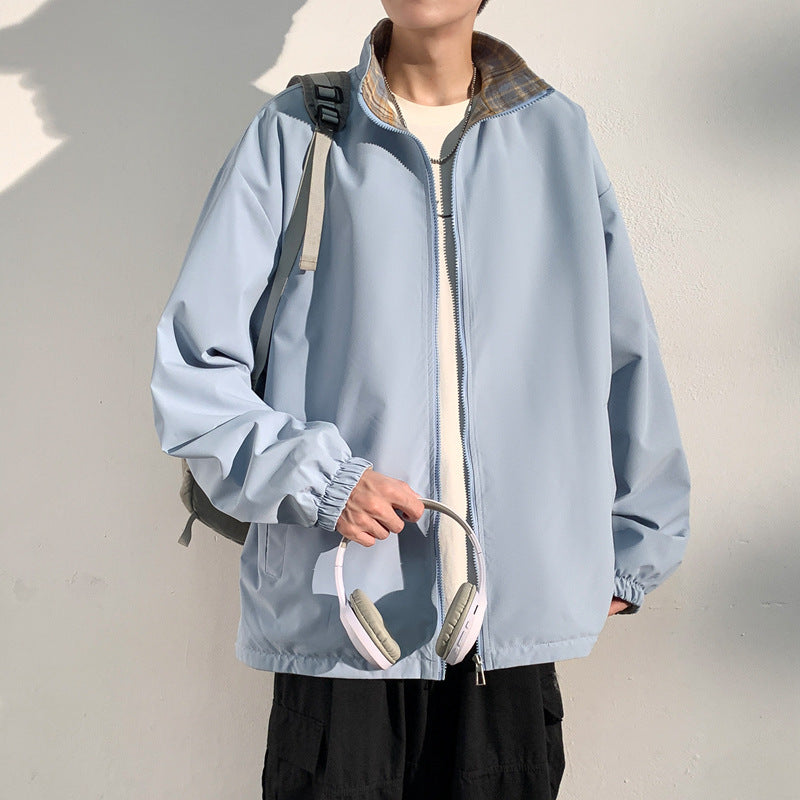 Herren Oversize‑Utility Übergangsjacke mit Reißverschluss und kontrastierendem Karo‑Innenkragen Nord Taschen