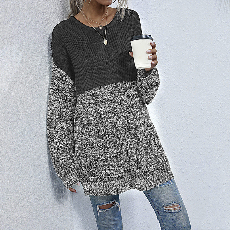 Damen Oversize Strickpullover mit Colorblock-Optik, rundem Ausschnitt und melierter Strukturstrick Nord Taschen