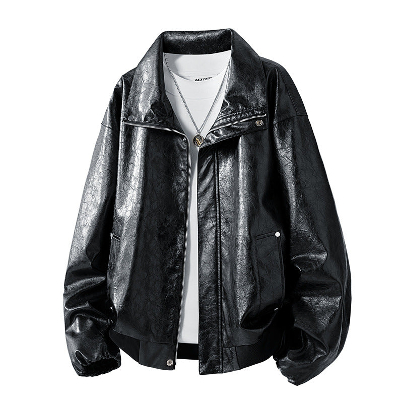 Herren Oversize Kunstleder‑Fliegerjacke mit breitem Umlegekragen, Zwei‑Wege‑Reißverschluss & gerippten Abschlüssen Nord Taschen
