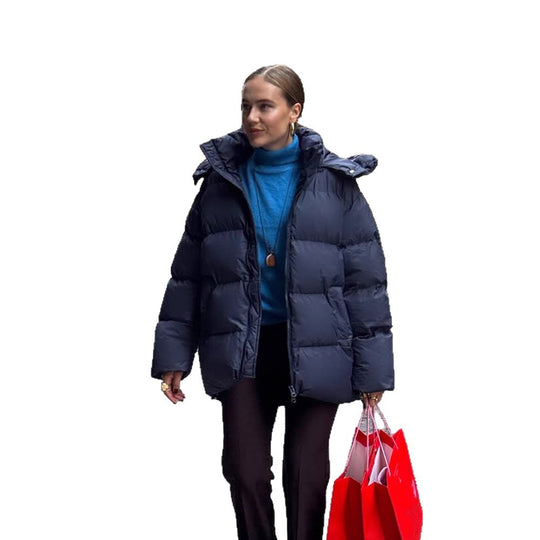Damen Oversize Stepp-Pufferjacke mit abnehmbarer Kapuze und Zwei-Wege-Reißverschluss Nord Taschen