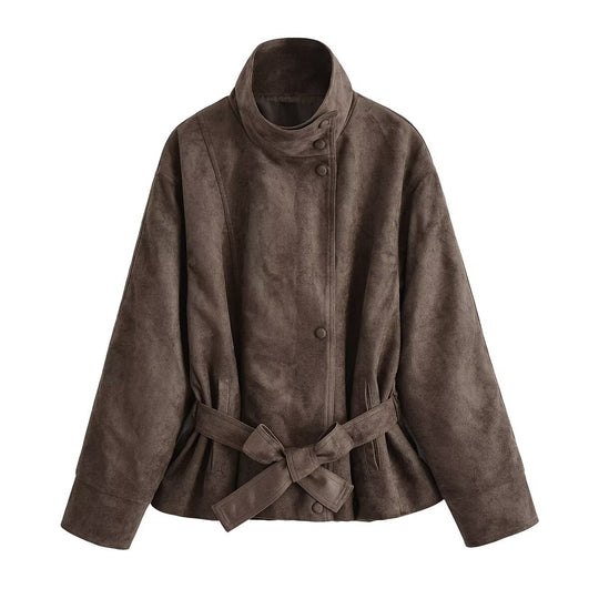 Damen Kurzjacke in Wildleder-Optik mit Stehkragen und Bindegürtel Nord Taschen