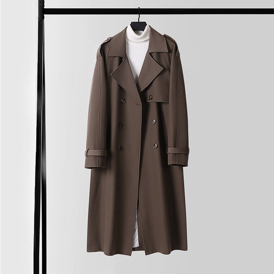 Damen Eleganter Maxi-Trenchcoat aus Wollmischung mit weitem Schalkragen und Bindegürtel Nord Taschen