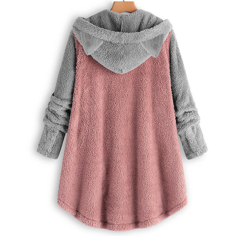 Damen Kuschelige Kapuzen‑Teddyjacke mit Katzenohren, Holzknopf‑Details und High‑Low‑Saum Nord Taschen