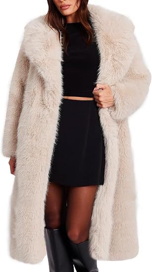 Damen Eleganter Maxi-Kunstpelz-Mantel mit weitem Schalkragen und geradem Schnitt Nord Taschen