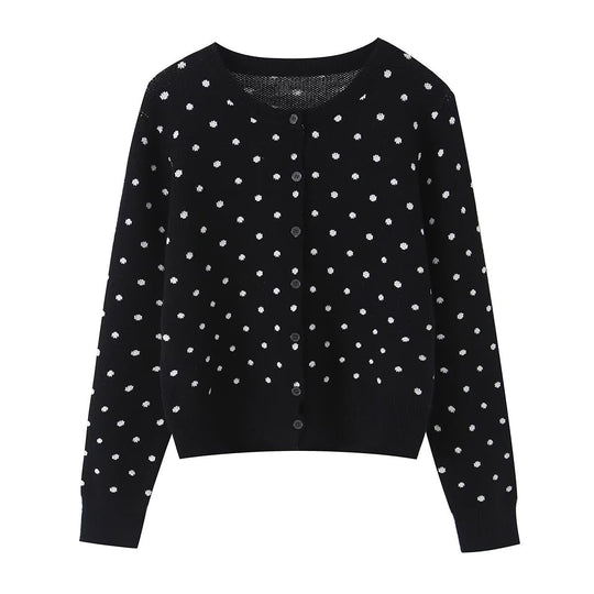 Damen Kurz geschnittene fein gestrickte Cardigan mit Rundhalsausschnitt, Knopfleiste und Allover‑Punktmuster Nord Taschen