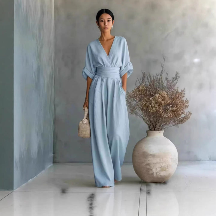 Damen Jumpsuit mit elegantem V-Ausschnitt und weitem Bein R&B