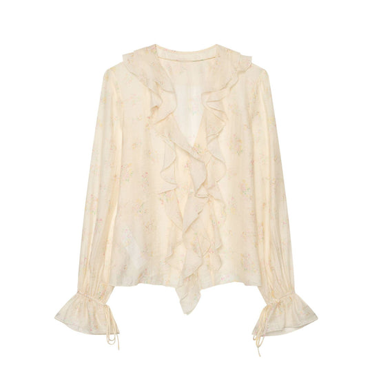 Damen Leichte Chiffonbluse mit Volantkragen V‑Ausschnitt und gerafften Manschetten Nord Taschen