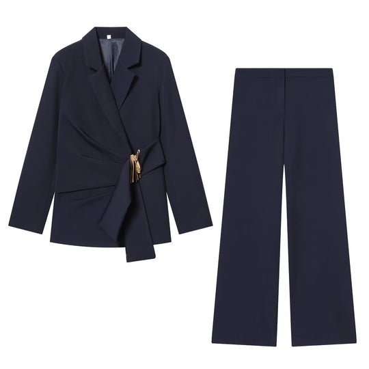 Damen Zweiteiliges Wickelblazer- und Palazzo-Anzugset mit Ziergürtel Nord Taschen