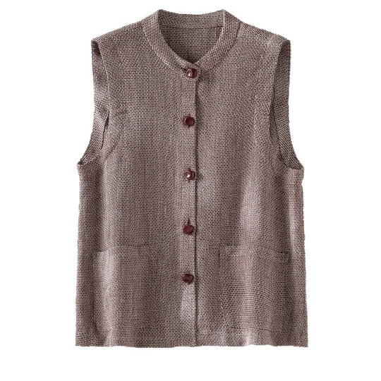 Damen Ärmellose Strickweste mit Stehkragen, Knopfleiste und aufgesetzten Taschen Nord Taschen