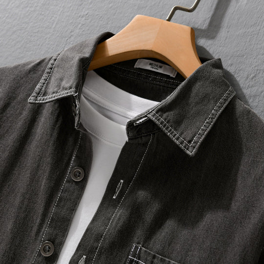 Herren Gewaschenes Denim-Overshirt im Workwear-Look mit Kontrastnähten Nord Taschen