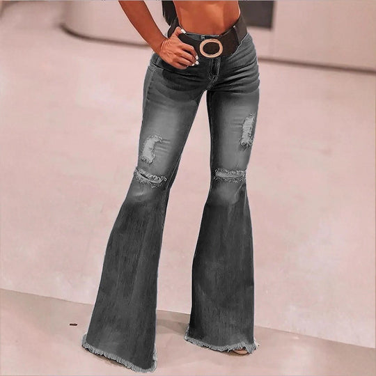 Damen Hochtaillierte Flared-Jeans mit Knie-Rissen, Fransen-Saum und ausgestelltem Bein Nord Taschen