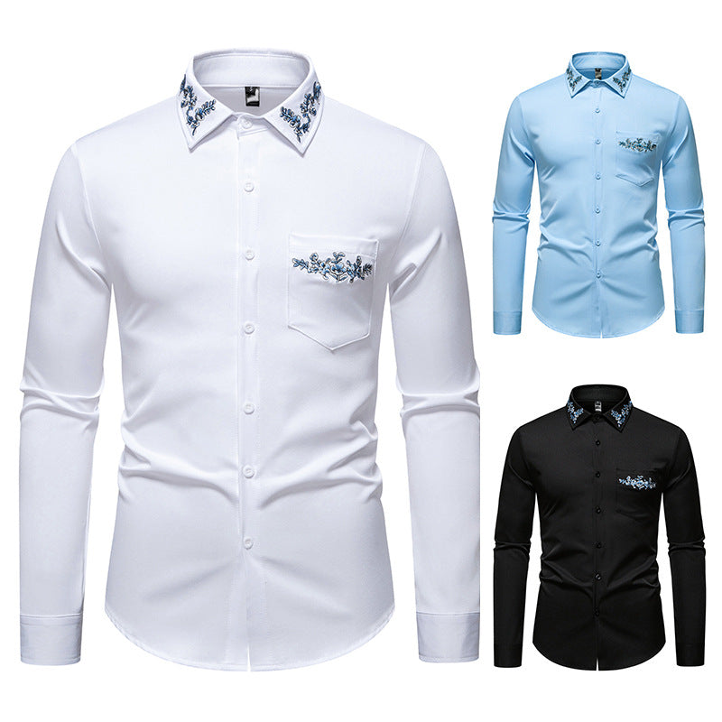 Herren Elegantes Slim-Fit Hemd mit floraler Stickerei am Kragen und aufgesetzter Brusttasche Nord Taschen
