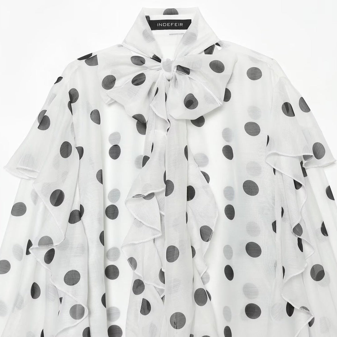 Damen Transparente Polka-Dot Chiffon-Bluse mit XXL-Volants und Schleifenkragen Nord Taschen