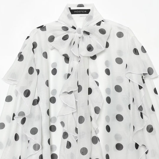 Damen Transparente Polka-Dot Chiffon-Bluse mit XXL-Volants und Schleifenkragen Nord Taschen