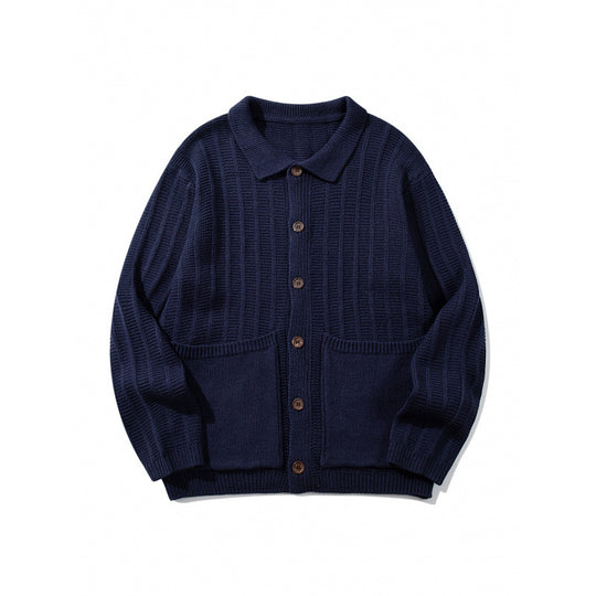 Unisex Grobgestrickte Hemdjacke mit Kentkragen, Knopfleiste und aufgesetzten Taschen Nord Taschen