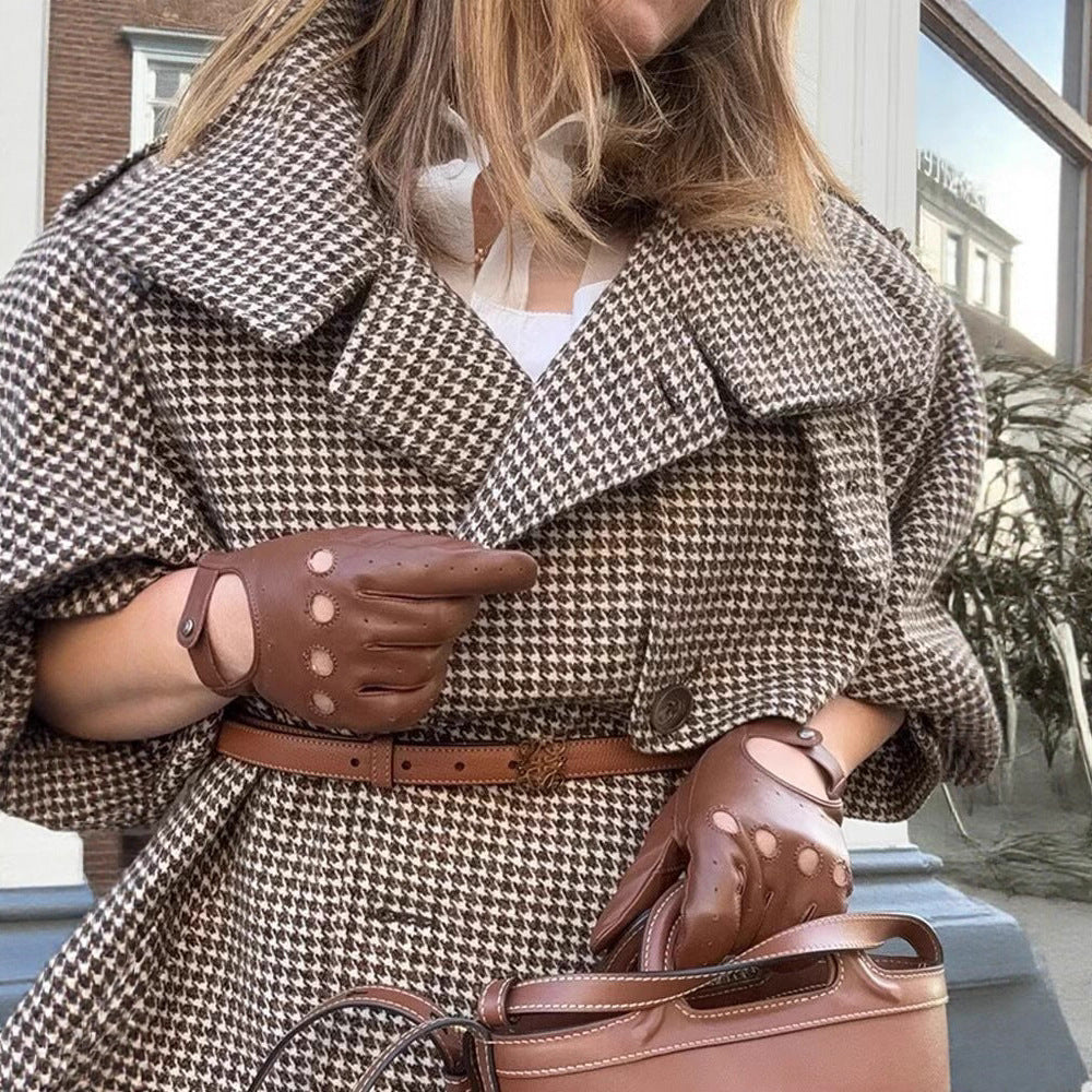 Damen Oversize-Trenchcoat mit Hahnentritt-Muster, hohem Stehkragen und Schulterklappen Nord Taschen