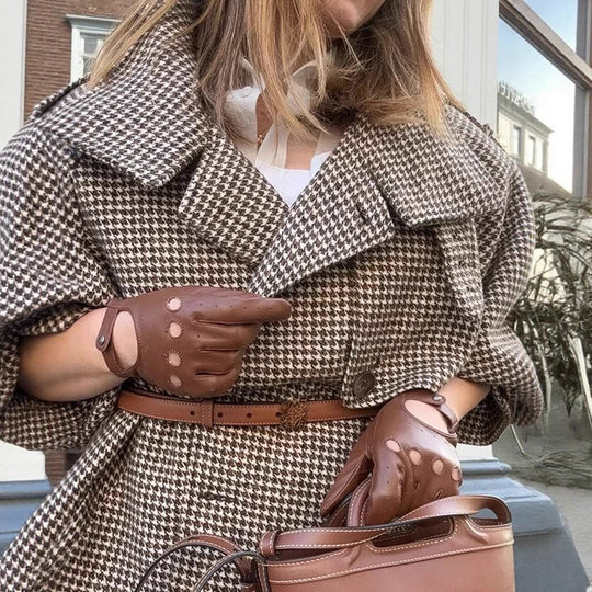 Damen Oversize-Trenchcoat mit Hahnentritt-Muster, hohem Stehkragen und Schulterklappen Nord Taschen