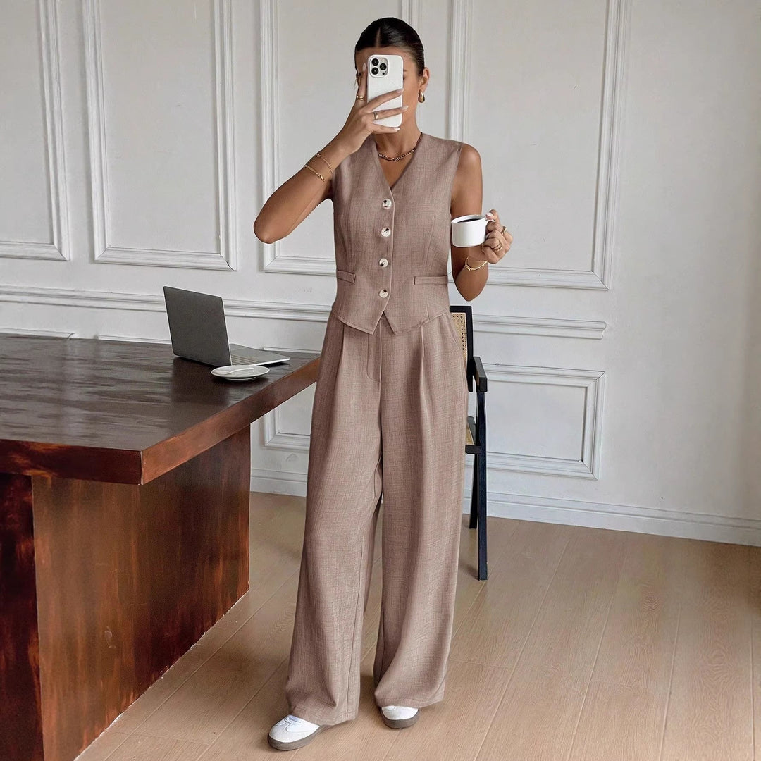 Damen Eleganter Anzug mit ärmellosem Blazer und weiten Hosen Nord Taschen
