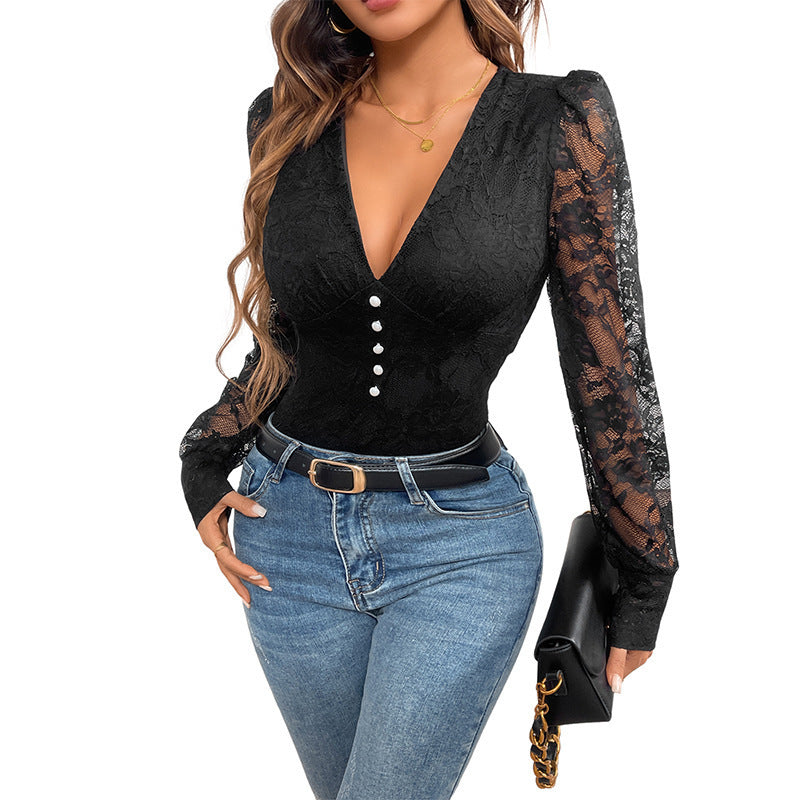 Damen Elegantes Spitzenshirt mit V-Ausschnitt und Puffärmeln Nord Taschen