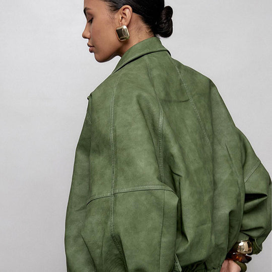 Damen Oversize-Lederimitatjacke im Boxy-Cut mit Raglanärmeln und Zweiwege-Reißverschluss Nord Taschen