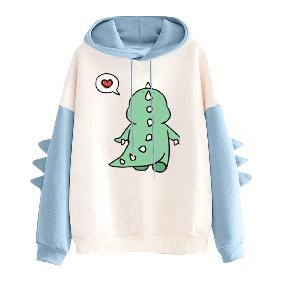 Damen nan Kapuzenpullover mit niedlichem Dino-Print, kontrastkapuze und dekorativen Stoffstacheln Nord Taschen