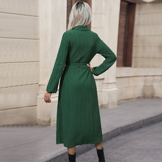 Damen Langarm Hemdblusenkleid mit Gürtel Nord Taschen