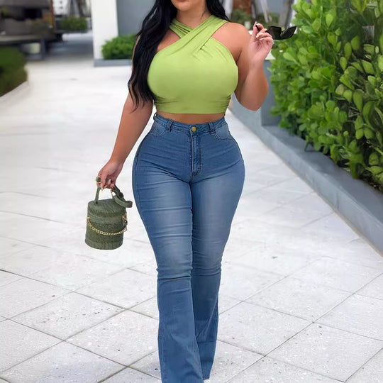 Damen High-Waist Schlaghose aus Stretch-Denim mit figurbetonter Hüftpassform Nord Taschen
