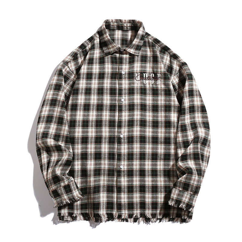 Unisex Overshirt im Karo-Look mit fransigem Saum, Bruststickerei und Knopfleiste Nord Taschen