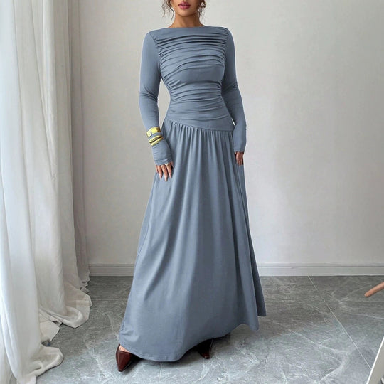 Damen Maxikleid mit gerafftem Oberteil, tailliertem Bund und Langarm Nord Taschen