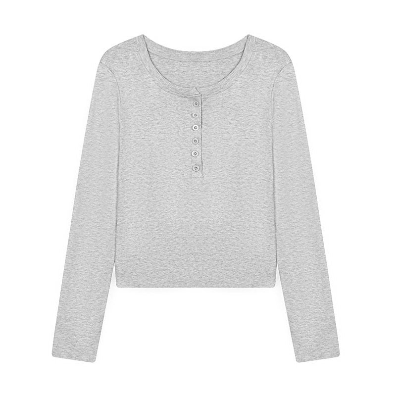 Damen Kurz geschnittenes Henley Langarmshirt aus Baumwolljersey mit Knopfleiste Nord Taschen