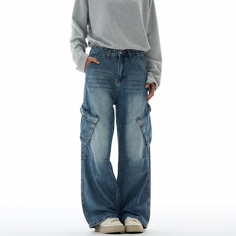 Damen Hochtaillierte Utility-Denim-Palazzohose mit Kniepaneelen und großen Klappentaschen Nord Taschen
