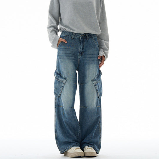Damen Hochtaillierte Utility-Denim-Palazzohose mit Kniepaneelen und großen Klappentaschen Nord Taschen