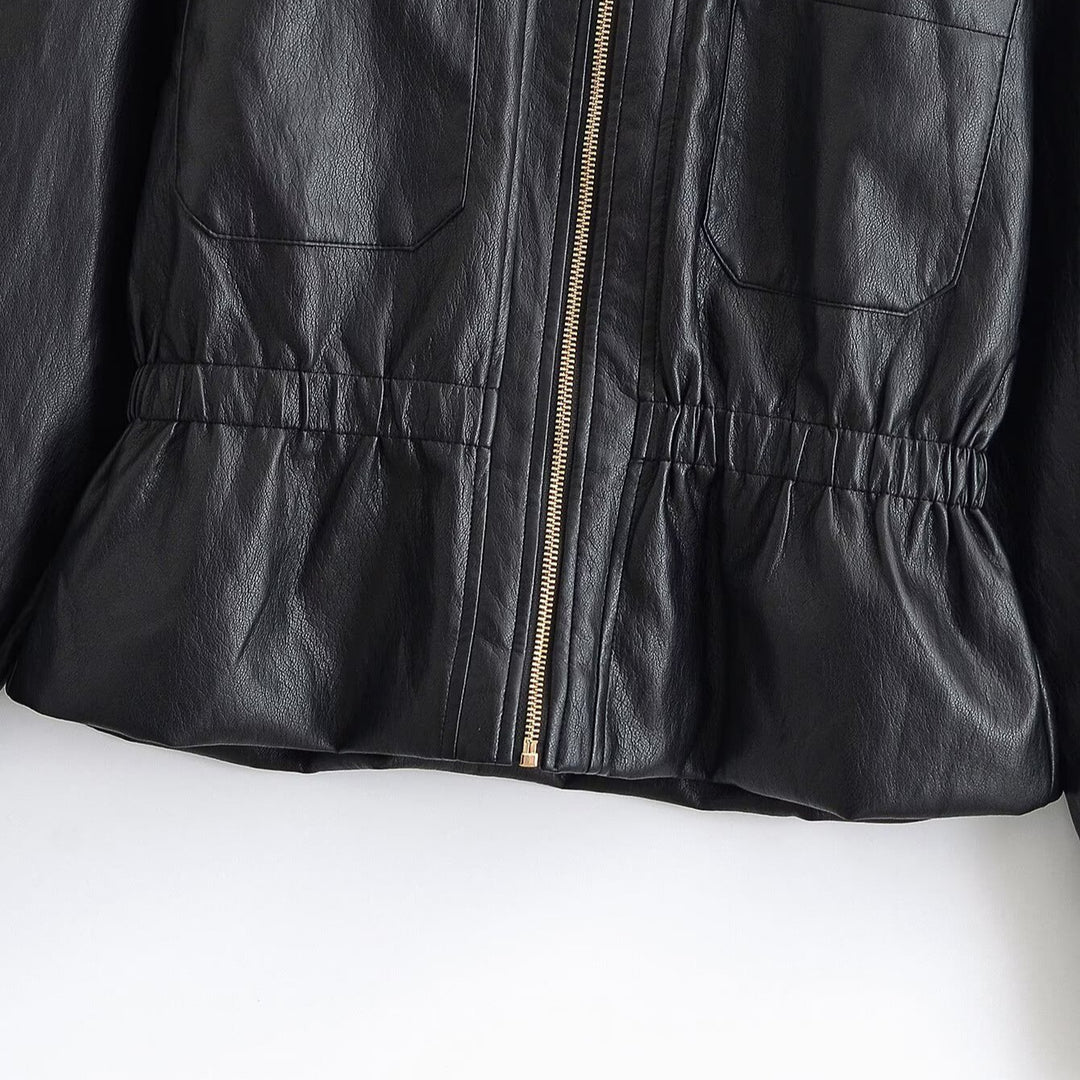 Damen Boxy-Kunstleder-Blouson mit elastischer Taillenpartie, aufgesetzten Brusttaschen und sichtbarem Reißverschluss Nord Taschen