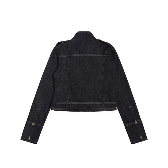 Damen taillierte Jeansjacke mit hohem Stehkragen, Taillengürtel und Schulterpatten Nord Taschen
