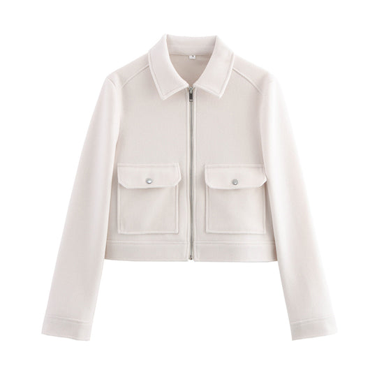 Damen kurze Boxy-Wolljacke mit durchgehendem Reißverschluss und aufgesetzten Pattentaschen Nord Taschen