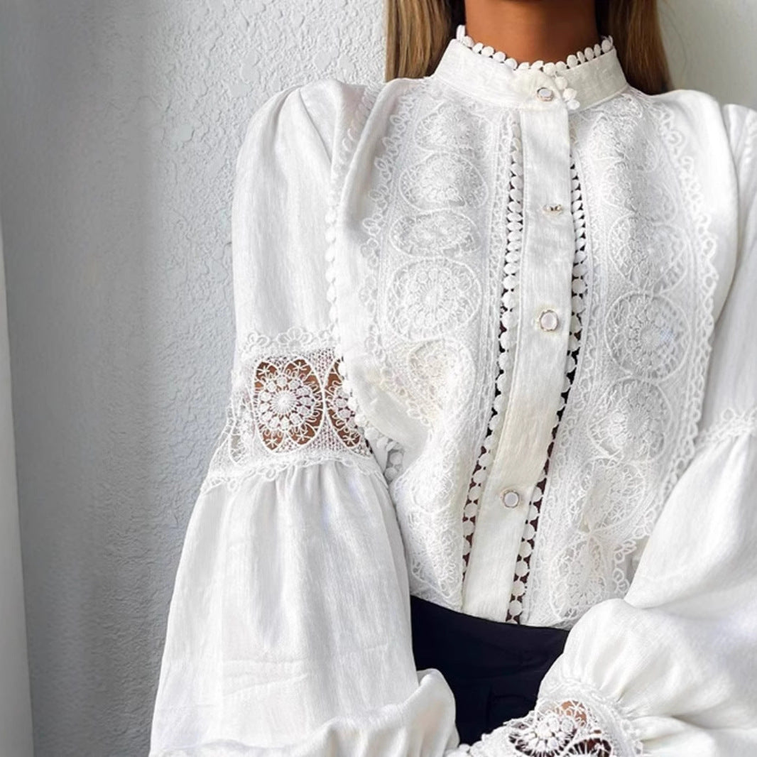 Damen Elegante Spitzenbluse im Vintage-Stil mit Stehkragen und Ballonärmeln Nord Taschen