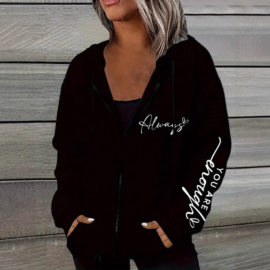 Damen nan oversized Kapuzenjacke mit Reißverschluss, handgeschriNord Taschenener Typo-Applikation und Kontrast-Eingrifftaschen